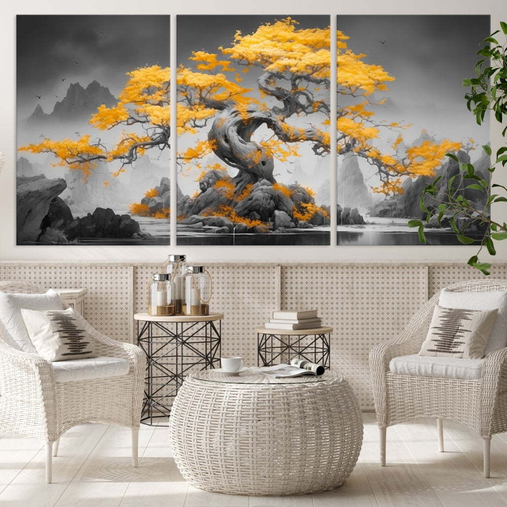 Extra Large Yellow Bonsai Tree Wall Art Canvas Print Fine Art Framed Wall Decor