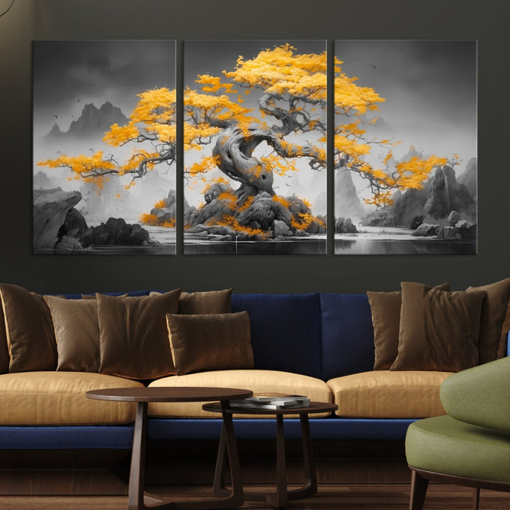 Extra Large Yellow Bonsai Tree Wall Art Canvas Print Fine Art Framed Wall Decor