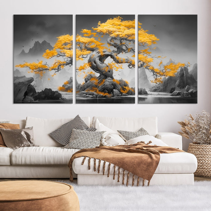 Extra Large Yellow Bonsai Tree Wall Art Canvas Print Fine Art Framed Wall Decor