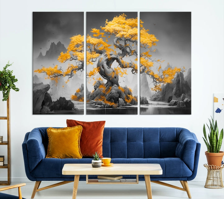 Extra Large Yellow Bonsai Tree Wall Art Canvas Print Fine Art Framed Wall Decor