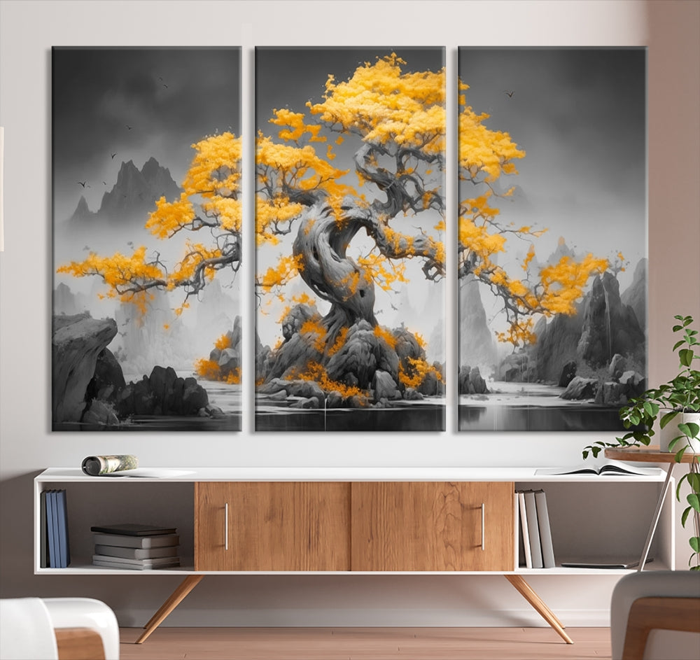 Extra Large Yellow Bonsai Tree Wall Art Canvas Print Fine Art Framed Wall Decor