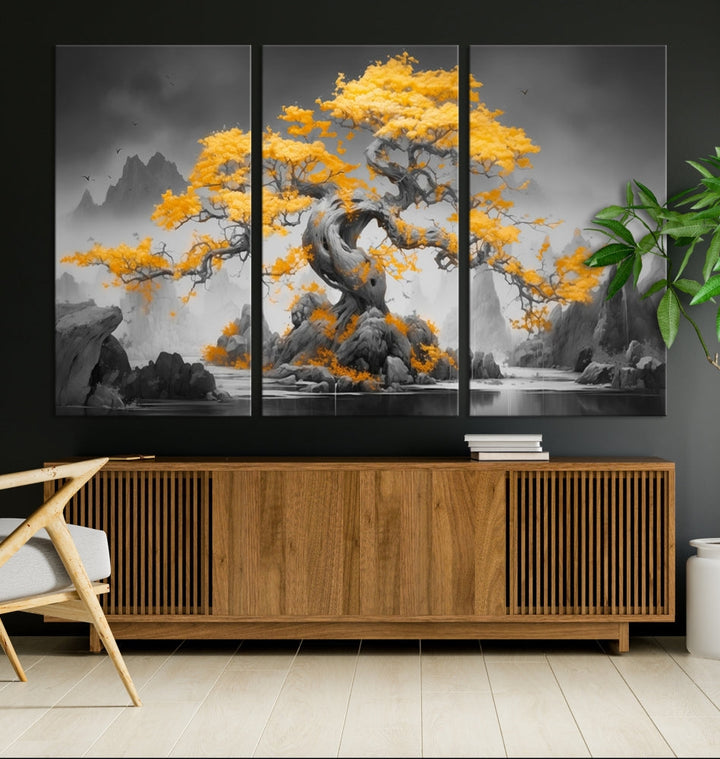 Extra Large Yellow Bonsai Tree Wall Art Canvas Print Fine Art Framed Wall Decor