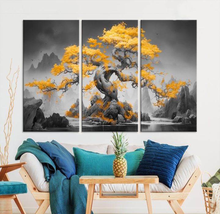 Extra Large Yellow Bonsai Tree Wall Art Canvas Print Fine Art Framed Wall Decor