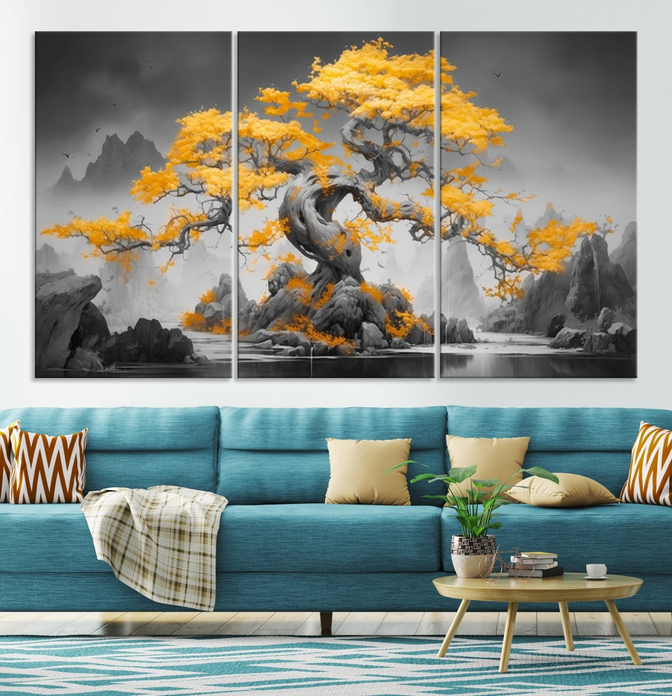 Extra Large Yellow Bonsai Tree Wall Art Canvas Print Fine Art Framed Wall Decor