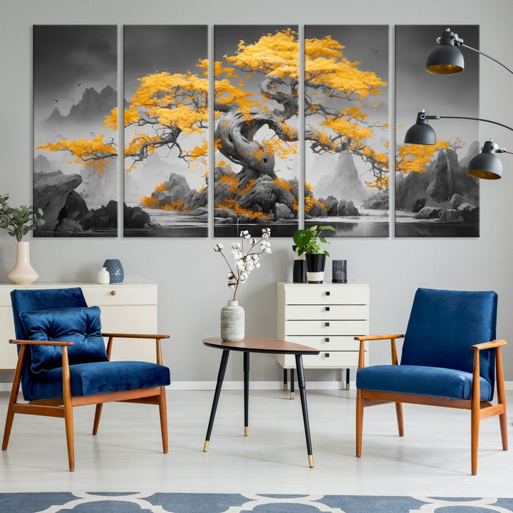 Extra Large Yellow Bonsai Tree Wall Art Canvas Print Fine Art Framed Wall Decor