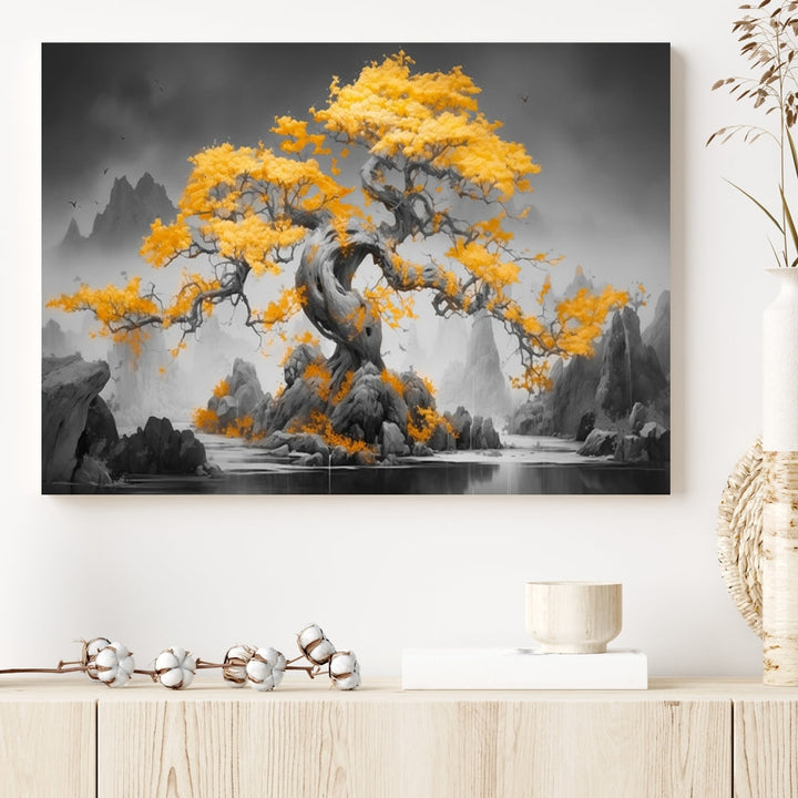 Extra Large Yellow Bonsai Tree Wall Art Canvas Print Fine Art Framed Wall Decor