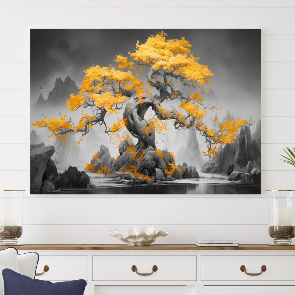 Extra Large Yellow Bonsai Tree Wall Art Canvas Print Fine Art Framed Wall Decor