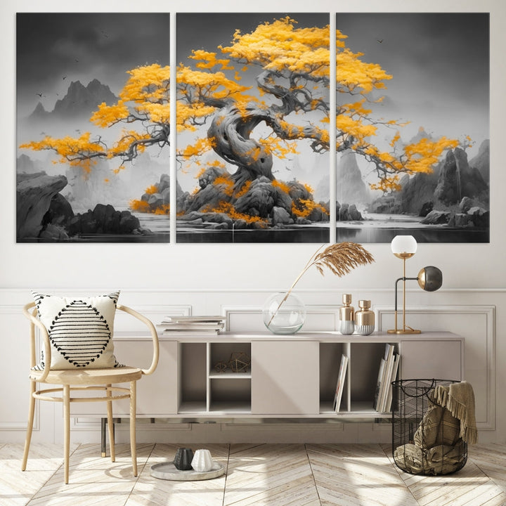 Extra Large Yellow Bonsai Tree Wall Art Canvas Print Fine Art Framed Wall Decor