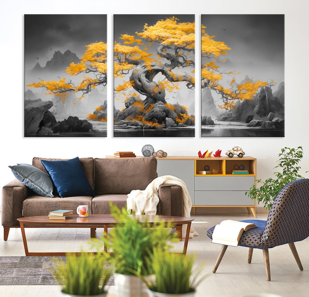 Extra Large Yellow Bonsai Tree Wall Art Canvas Print Fine Art Framed Wall Decor