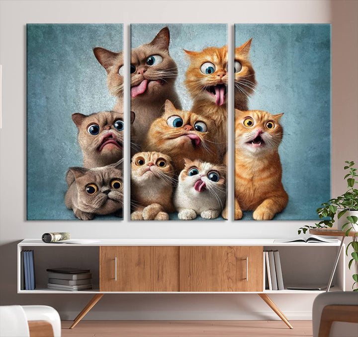 Fanny Cats Wall Art Canvas Print, Pixar Style Cat Wall Art Print, Comic Cartoon Cat Print