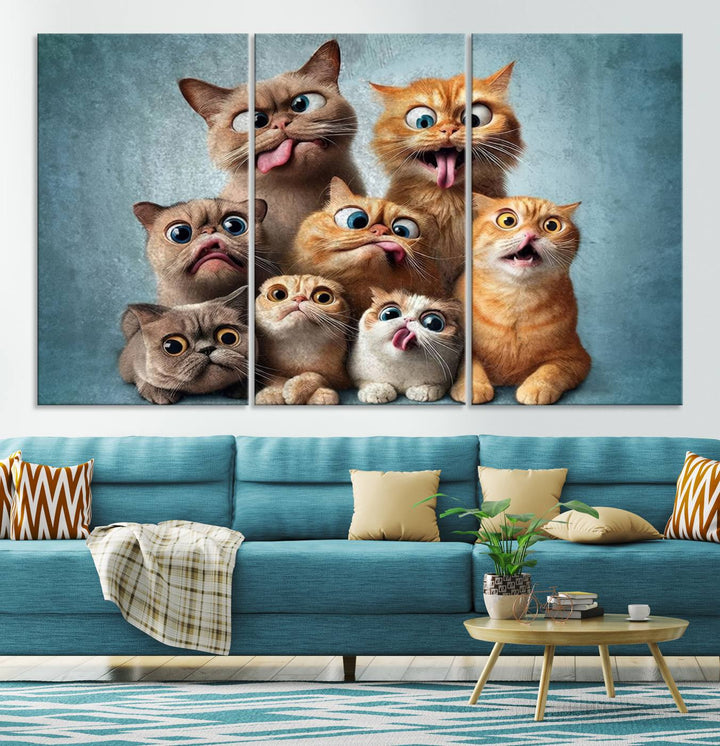 Fanny Cats Wall Art Canvas Print, Pixar Style Cat Wall Art Print, Comic Cartoon Cat Print