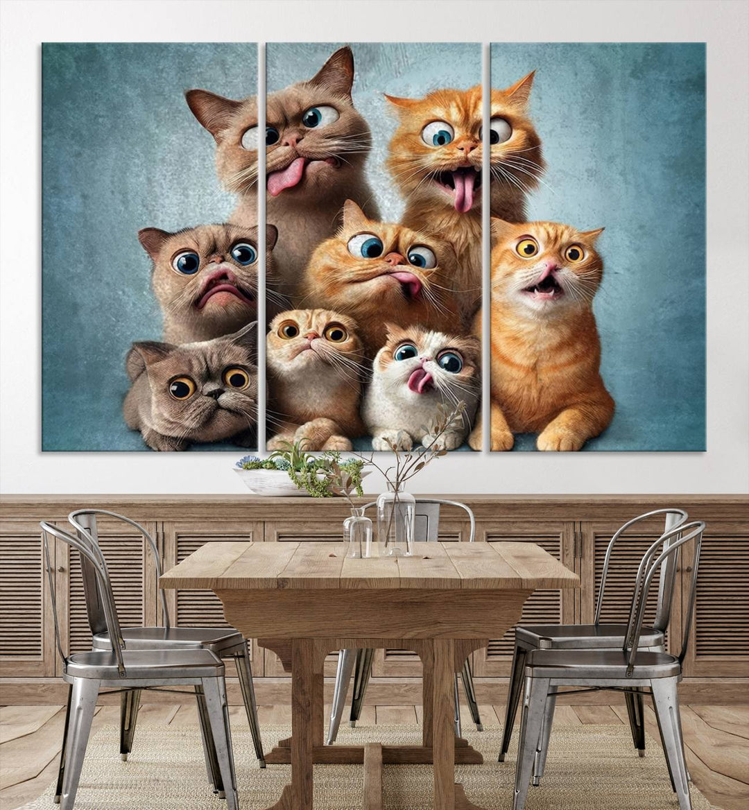 Fanny Cats Wall Art Canvas Print, Pixar Style Cat Wall Art Print, Comic Cartoon Cat Print