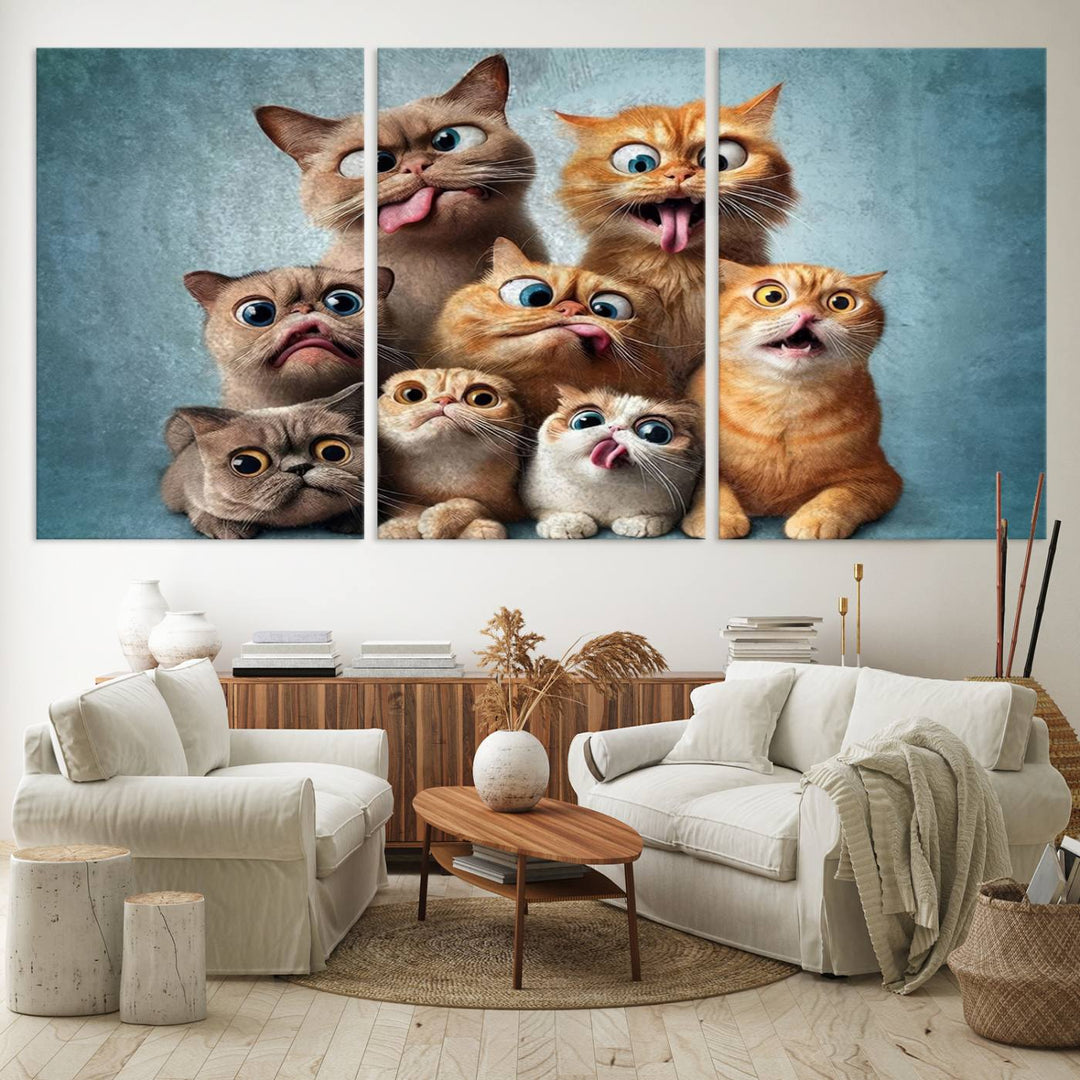 Fanny Cats Wall Art Canvas Print, Pixar Style Cat Wall Art Print, Comic Cartoon Cat Print