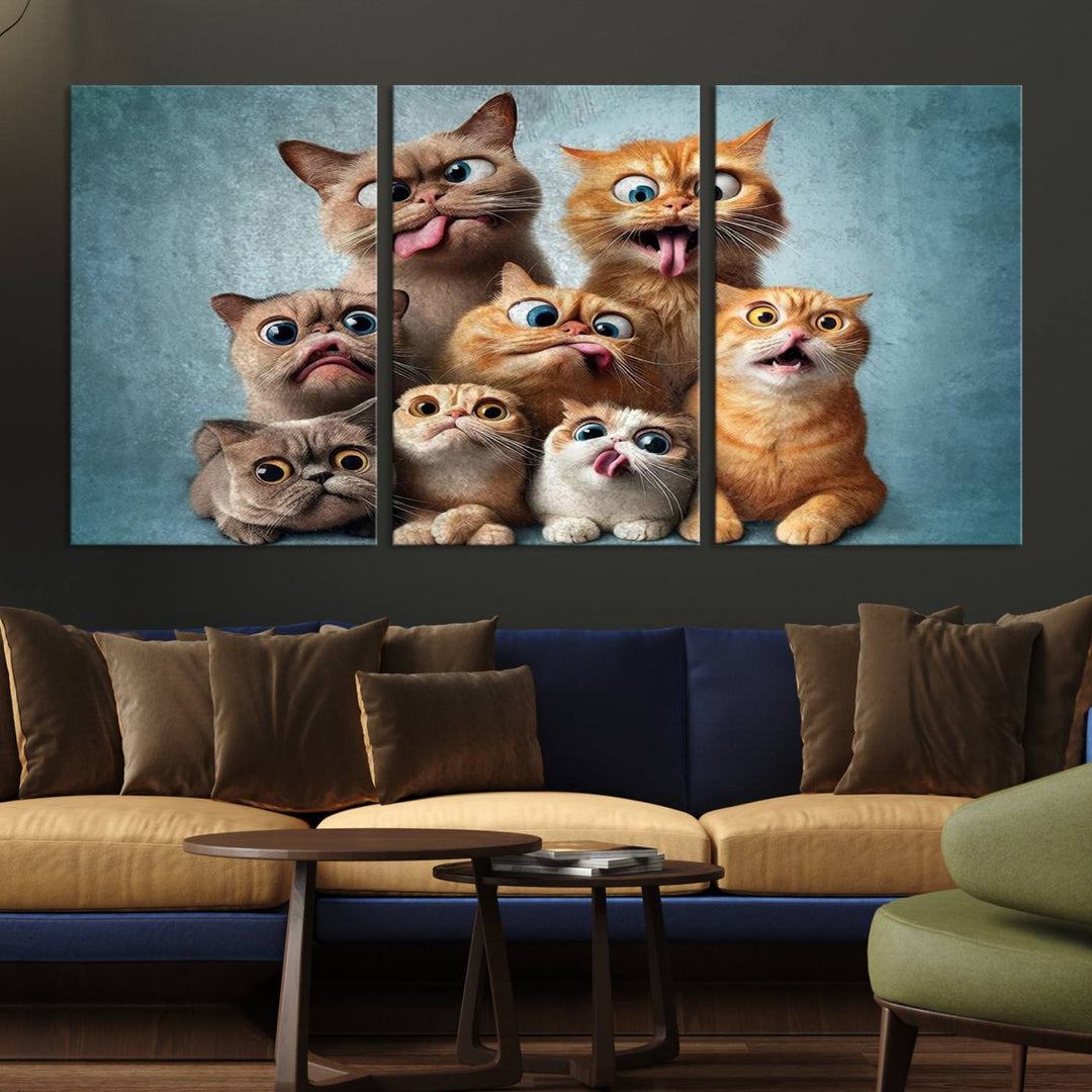 Fanny Cats Wall Art Canvas Print, Pixar Style Cat Wall Art Print, Comic Cartoon Cat Print