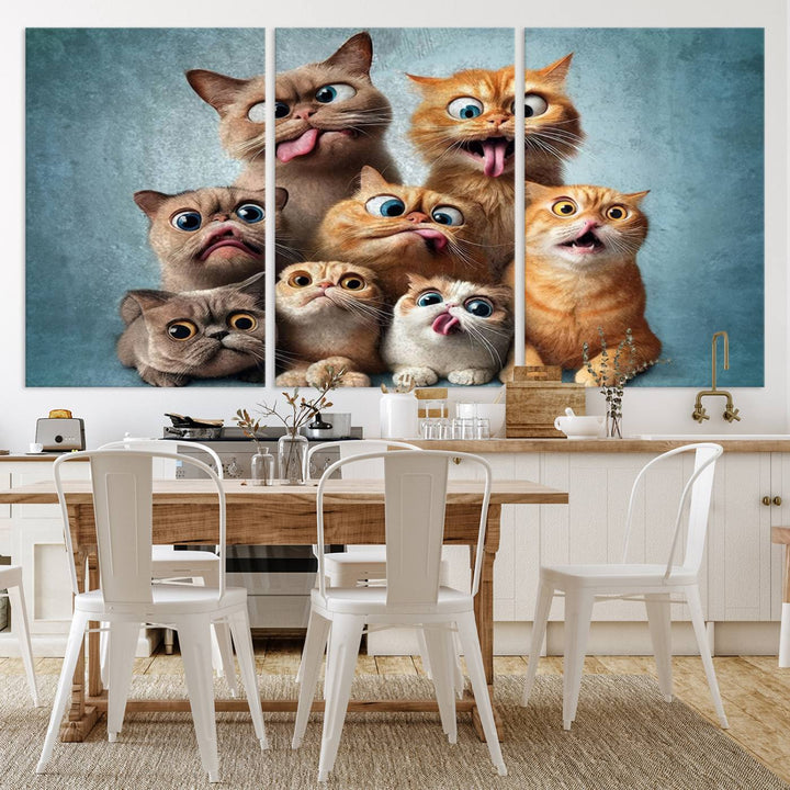 Fanny Cats Wall Art Canvas Print, Pixar Style Cat Wall Art Print, Comic Cartoon Cat Print