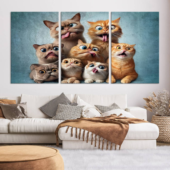 Fanny Cats Wall Art Canvas Print, Pixar Style Cat Wall Art Print, Comic Cartoon Cat Print