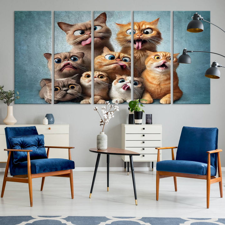 Fanny Cats Wall Art Canvas Print, Pixar Style Cat Wall Art Print, Comic Cartoon Cat Print