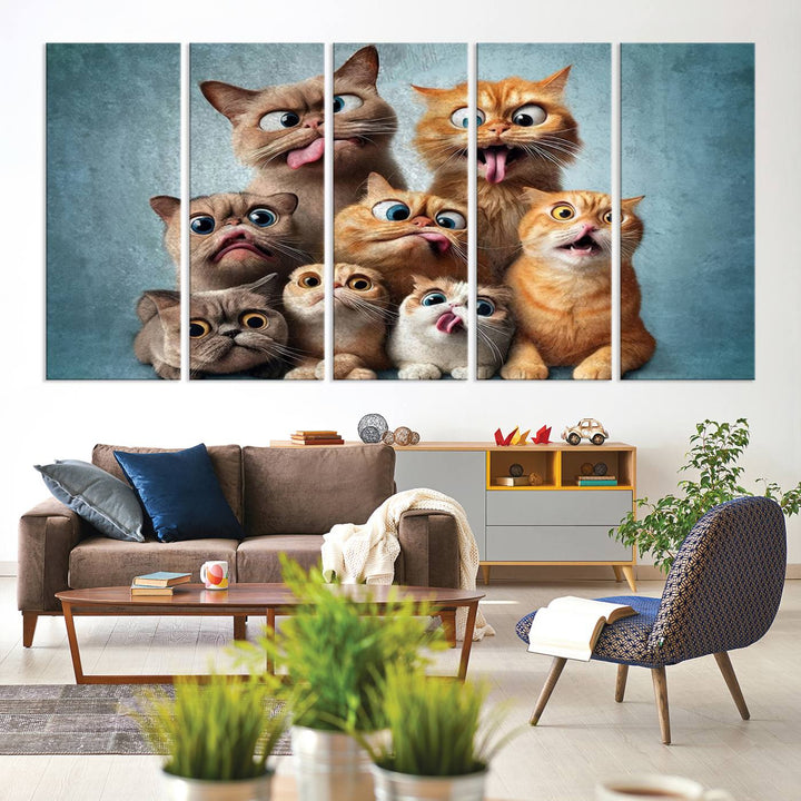 Fanny Cats Wall Art Canvas Print, Pixar Style Cat Wall Art Print, Comic Cartoon Cat Print