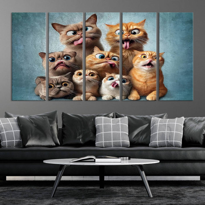 Fanny Cats Wall Art Canvas Print, Pixar Style Cat Wall Art Print, Comic Cartoon Cat Print