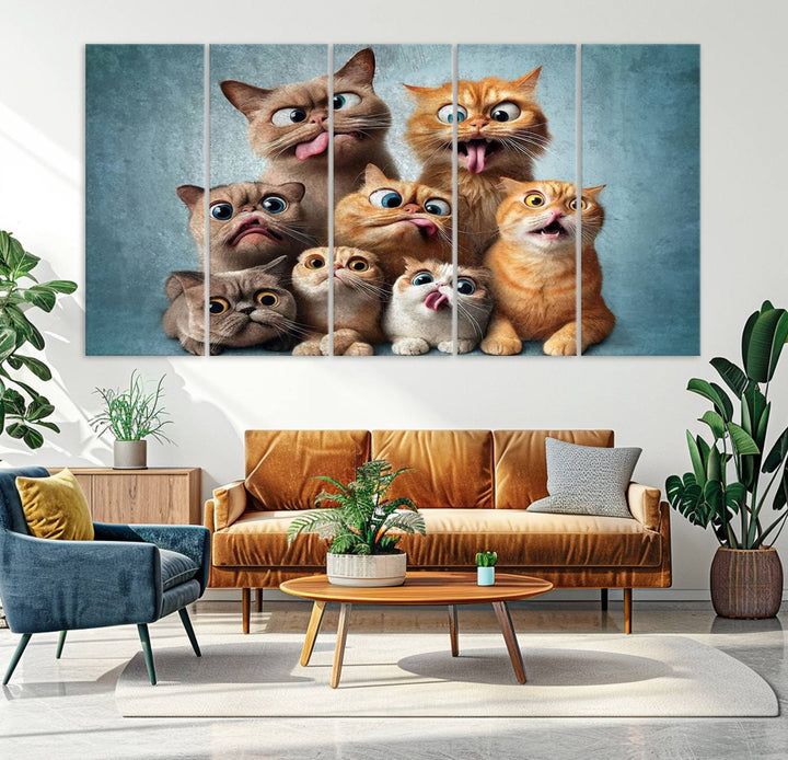 Fanny Cats Wall Art Canvas Print, Pixar Style Cat Wall Art Print, Comic Cartoon Cat Print