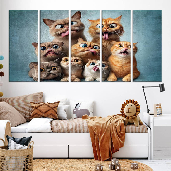 Fanny Cats Wall Art Canvas Print, Pixar Style Cat Wall Art Print, Comic Cartoon Cat Print