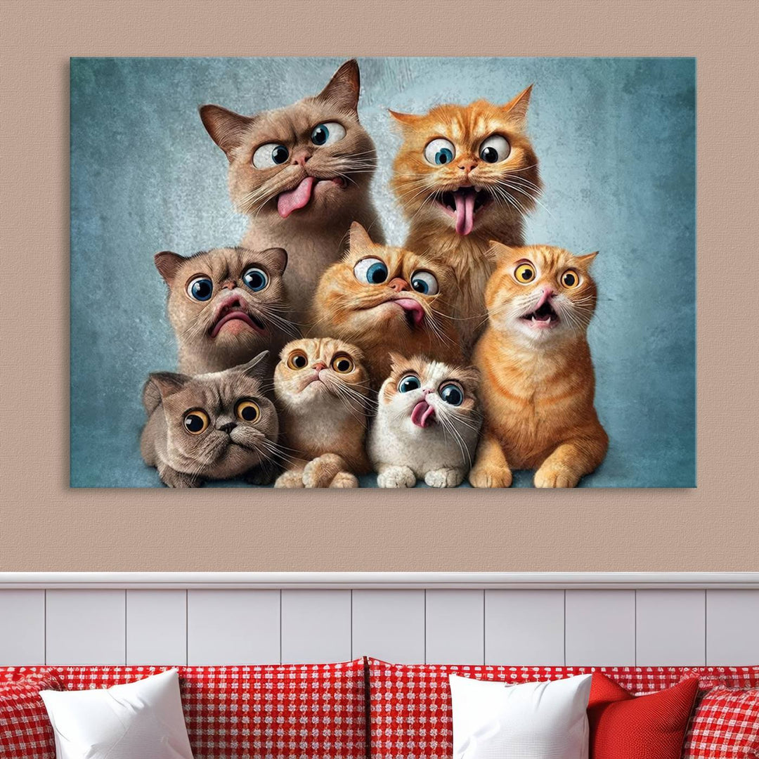 Fanny Cats Wall Art Canvas Print, Pixar Style Cat Wall Art Print, Comic Cartoon Cat Print