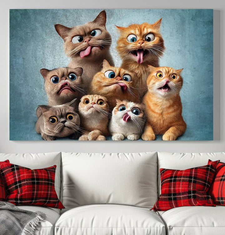 Fanny Cats Wall Art Canvas Print, Pixar Style Cat Wall Art Print, Comic Cartoon Cat Print