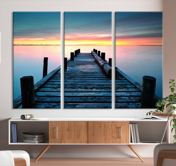 Fantastic Sunset over the Horizon Old Pier Seascape Ocean Wall Art Canvas Print