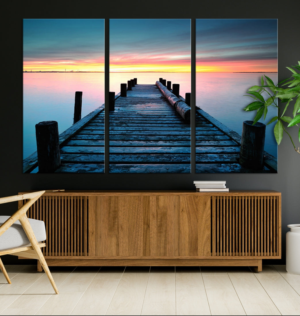 Fantastic Sunset over the Horizon Old Pier Seascape Ocean Wall Art Canvas Print