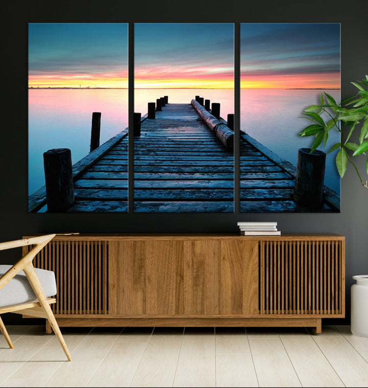 Fantastic Sunset over the Horizon Old Pier Seascape Ocean Wall Art Canvas Print