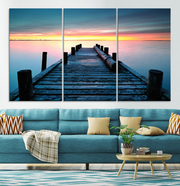 Fantastic Sunset over the Horizon Old Pier Seascape Ocean Wall Art Canvas Print