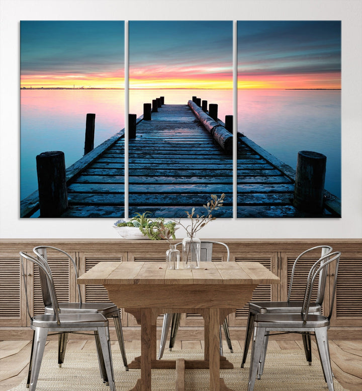 Fantastic Sunset over the Horizon Old Pier Seascape Ocean Wall Art Canvas Print