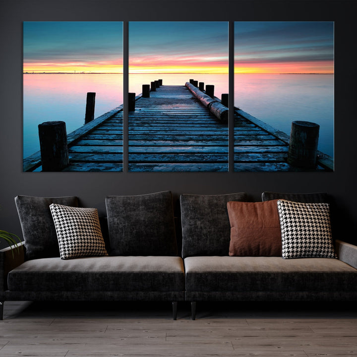 Fantastic Sunset over the Horizon Old Pier Seascape Ocean Wall Art Canvas Print