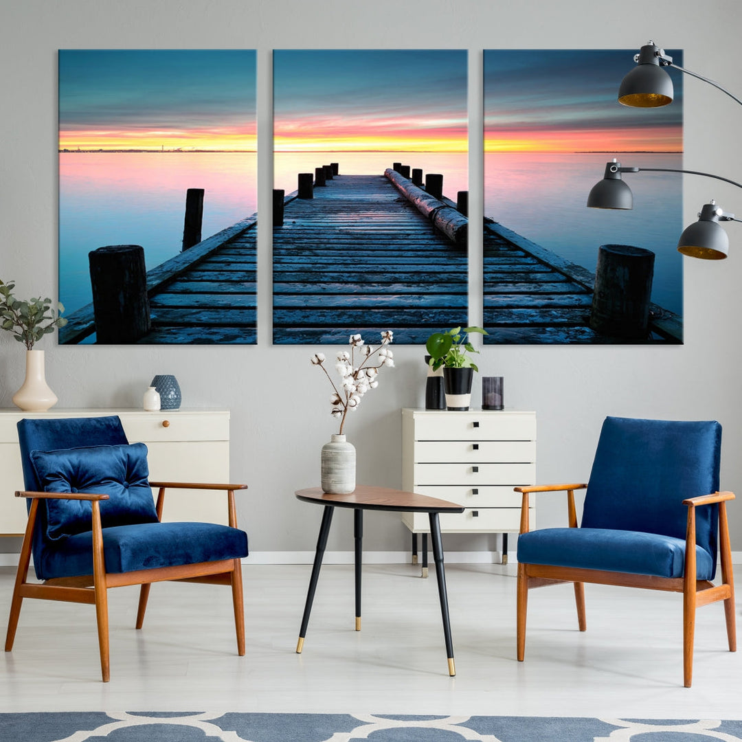 Fantastic Sunset over the Horizon Old Pier Seascape Ocean Wall Art Canvas Print