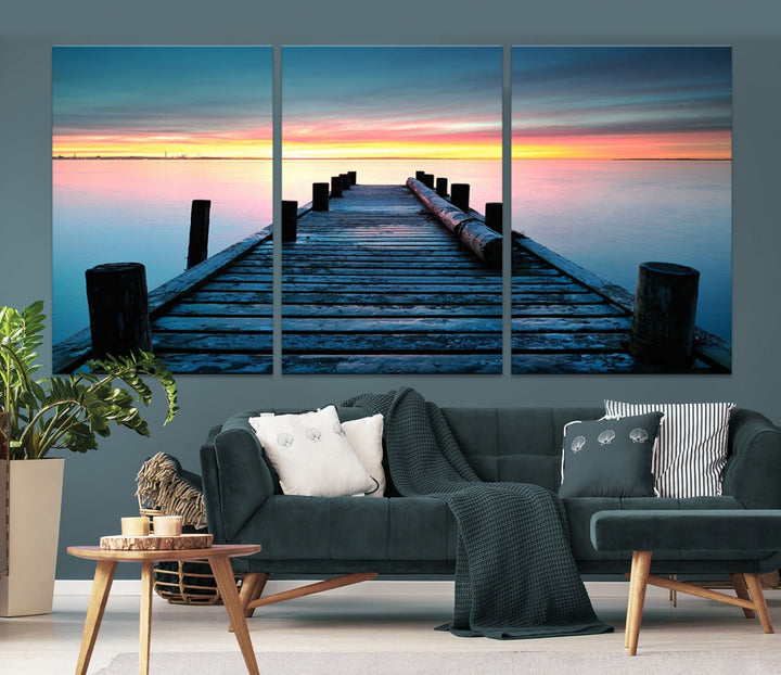 Fantastic Sunset over the Horizon Old Pier Seascape Ocean Wall Art Canvas Print