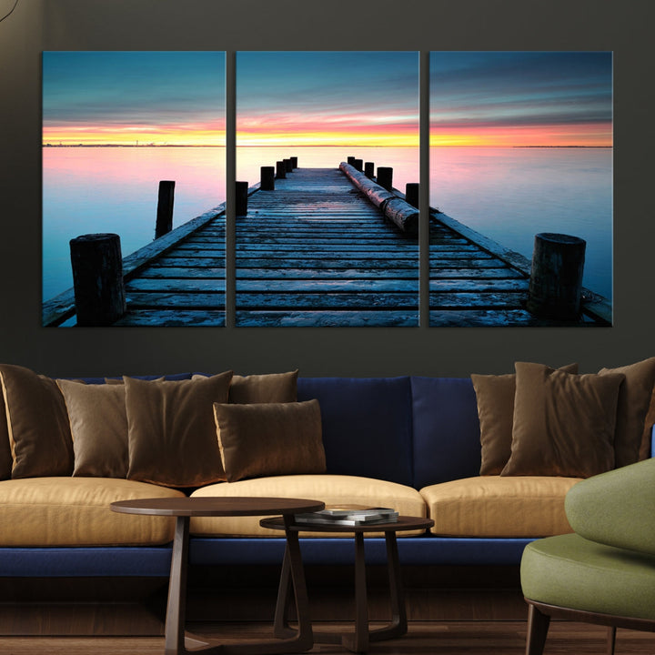 Fantastic Sunset over the Horizon Old Pier Seascape Ocean Wall Art Canvas Print