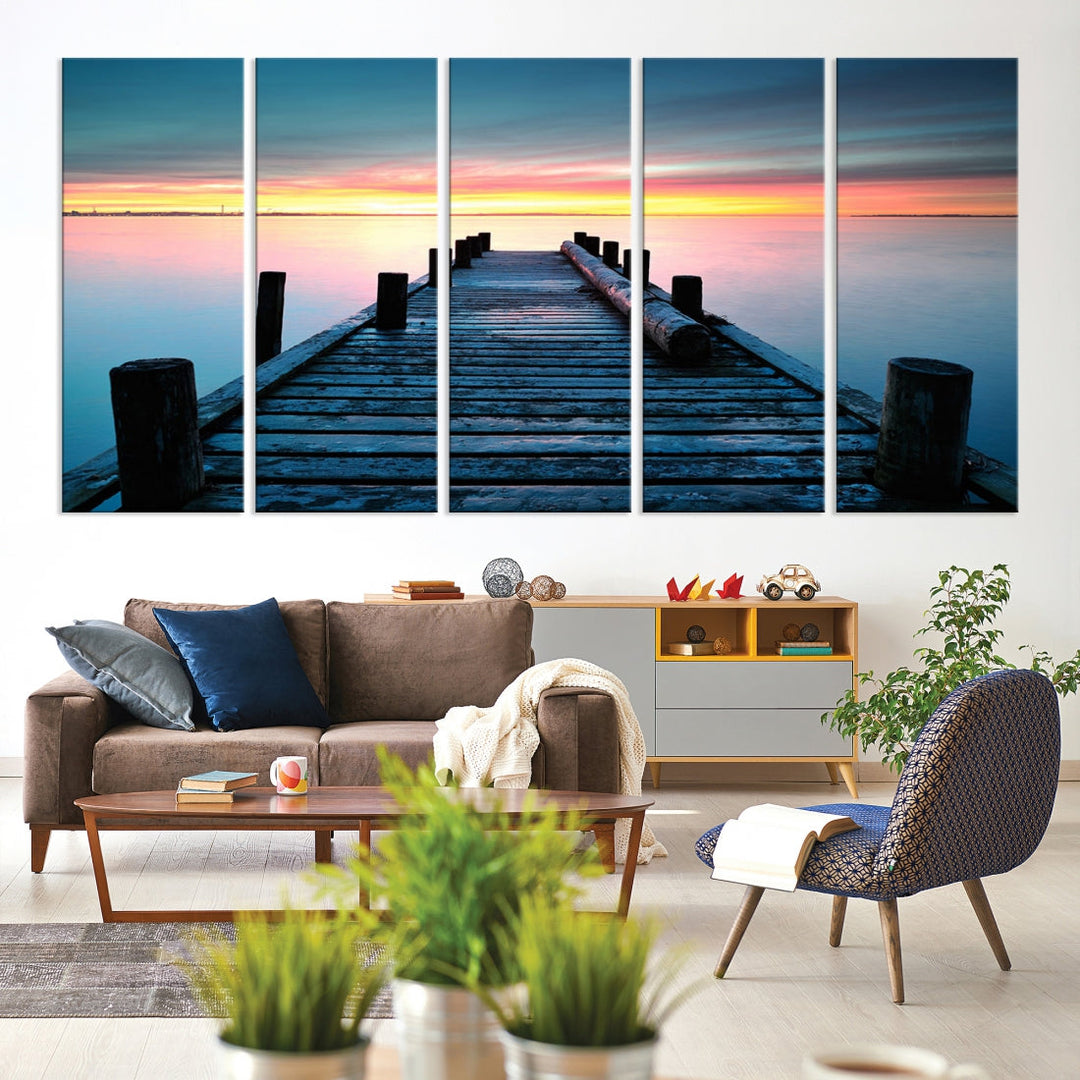 Fantastic Sunset over the Horizon Old Pier Seascape Ocean Wall Art Canvas Print