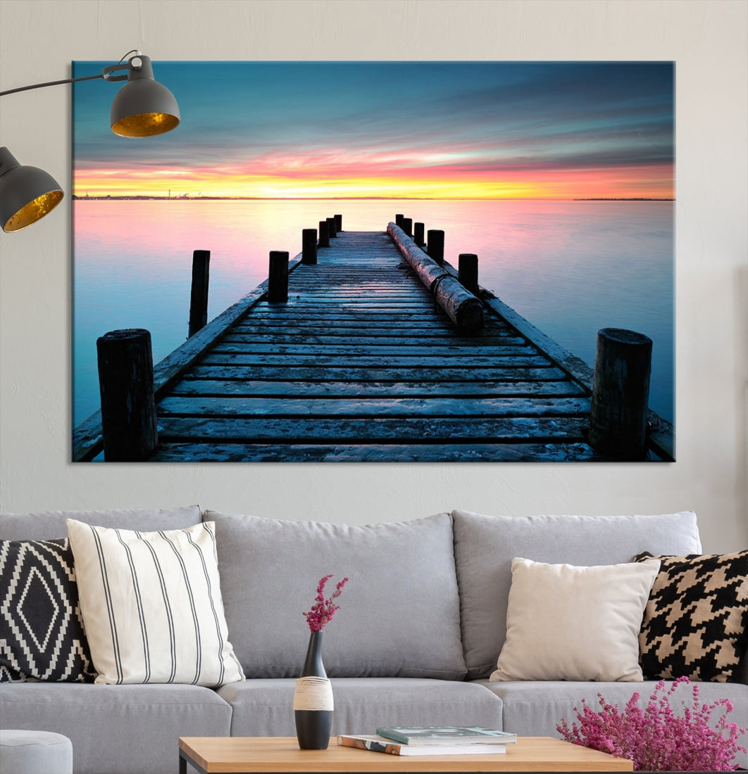 Fantastic Sunset over the Horizon Old Pier Seascape Ocean Wall Art Canvas Print