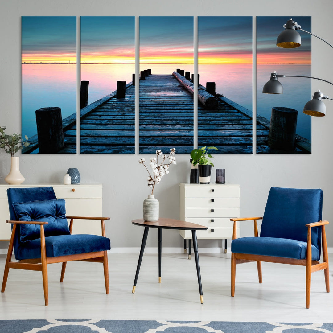 Fantastic Sunset over the Horizon Old Pier Seascape Ocean Wall Art Canvas Print