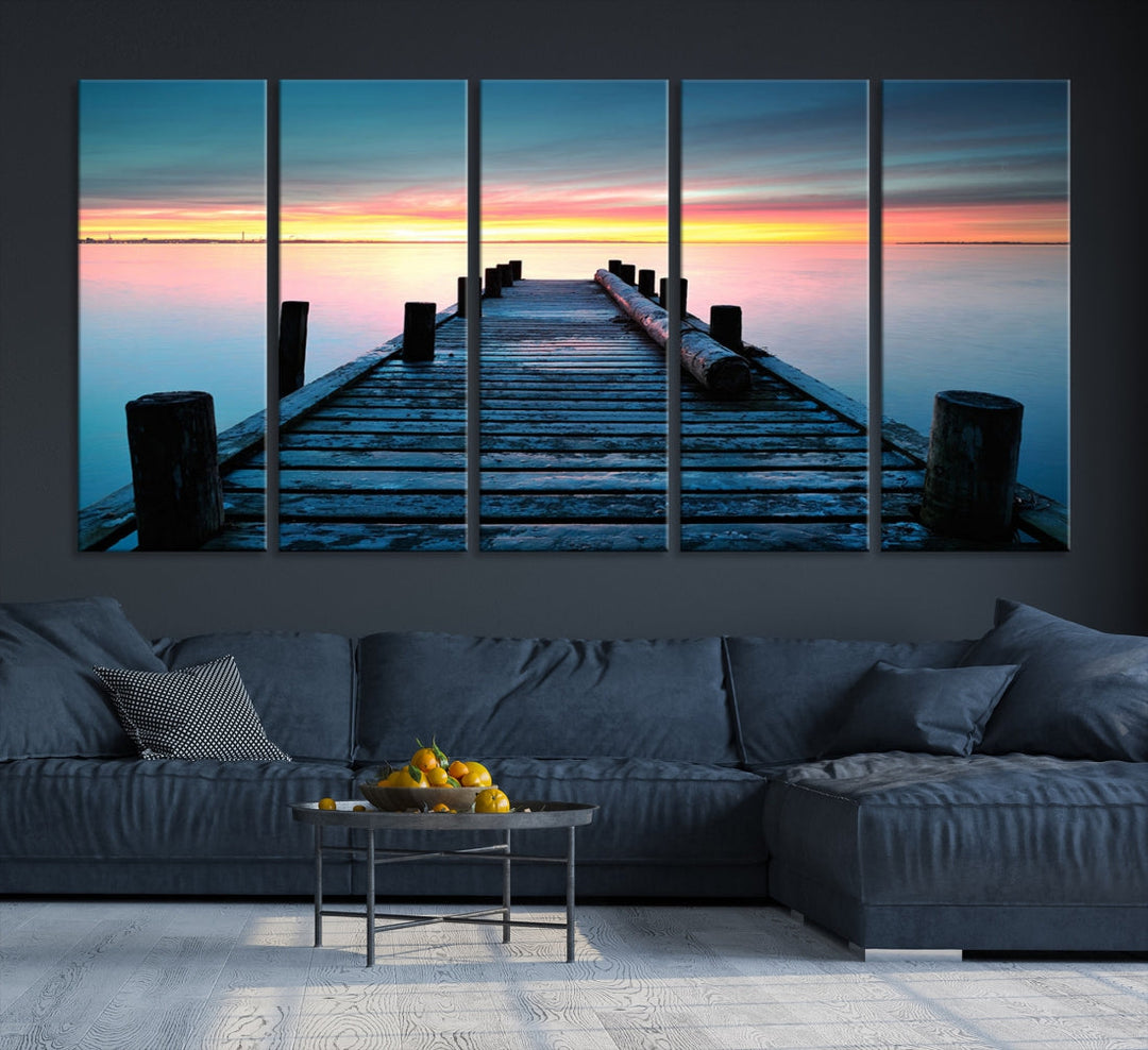 Fantastic Sunset over the Horizon Old Pier Seascape Ocean Wall Art Canvas Print