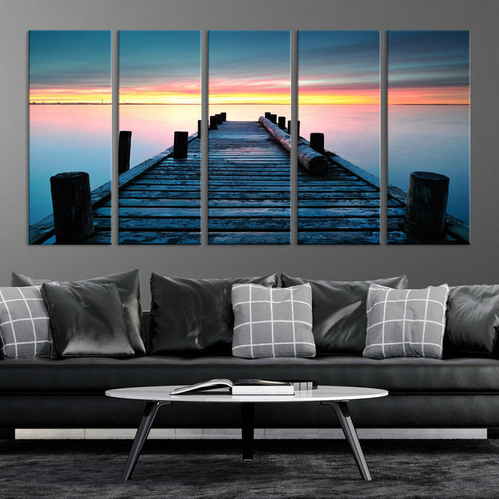 Fantastic Sunset over the Horizon Old Pier Seascape Ocean Wall Art Canvas Print