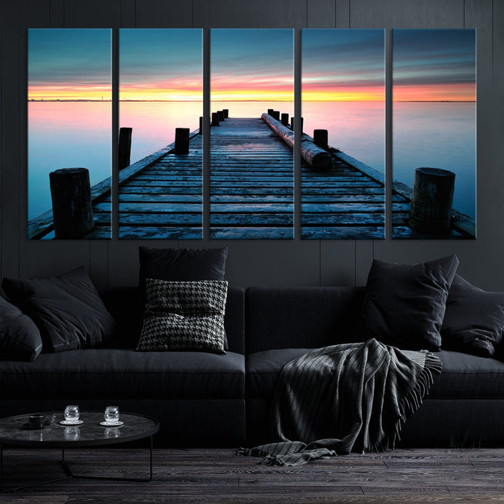 Fantastic Sunset over the Horizon Old Pier Seascape Ocean Wall Art Canvas Print