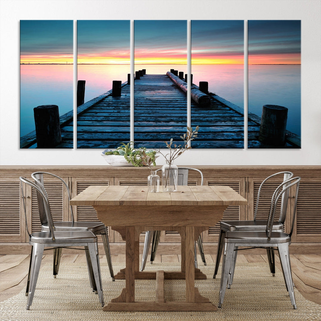 Fantastic Sunset over the Horizon Old Pier Seascape Ocean Wall Art Canvas Print