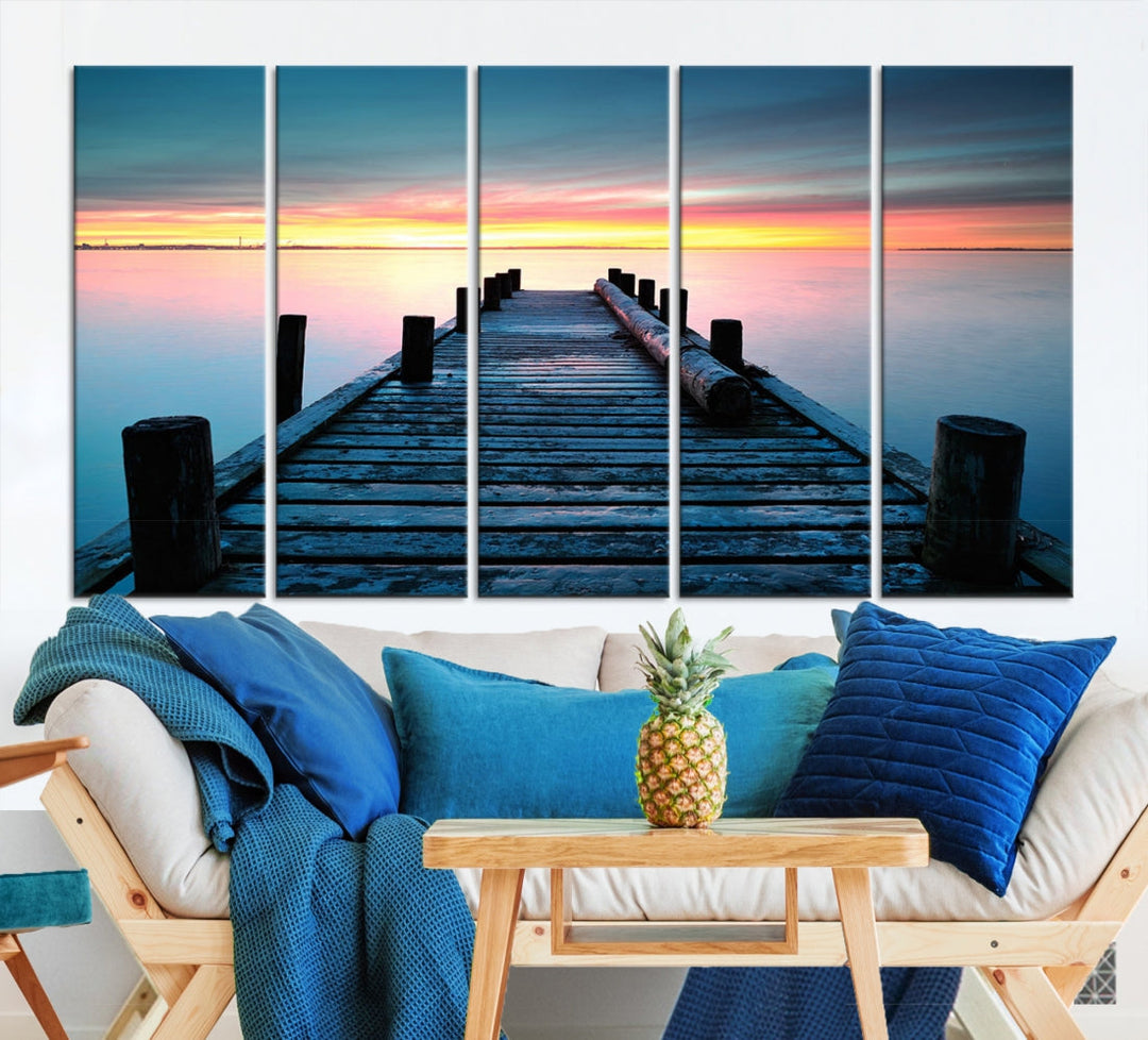 Fantastic Sunset over the Horizon Old Pier Seascape Ocean Wall Art Canvas Print