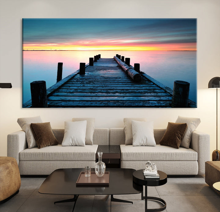 Fantastic Sunset over the Horizon Old Pier Seascape Ocean Wall Art Canvas Print