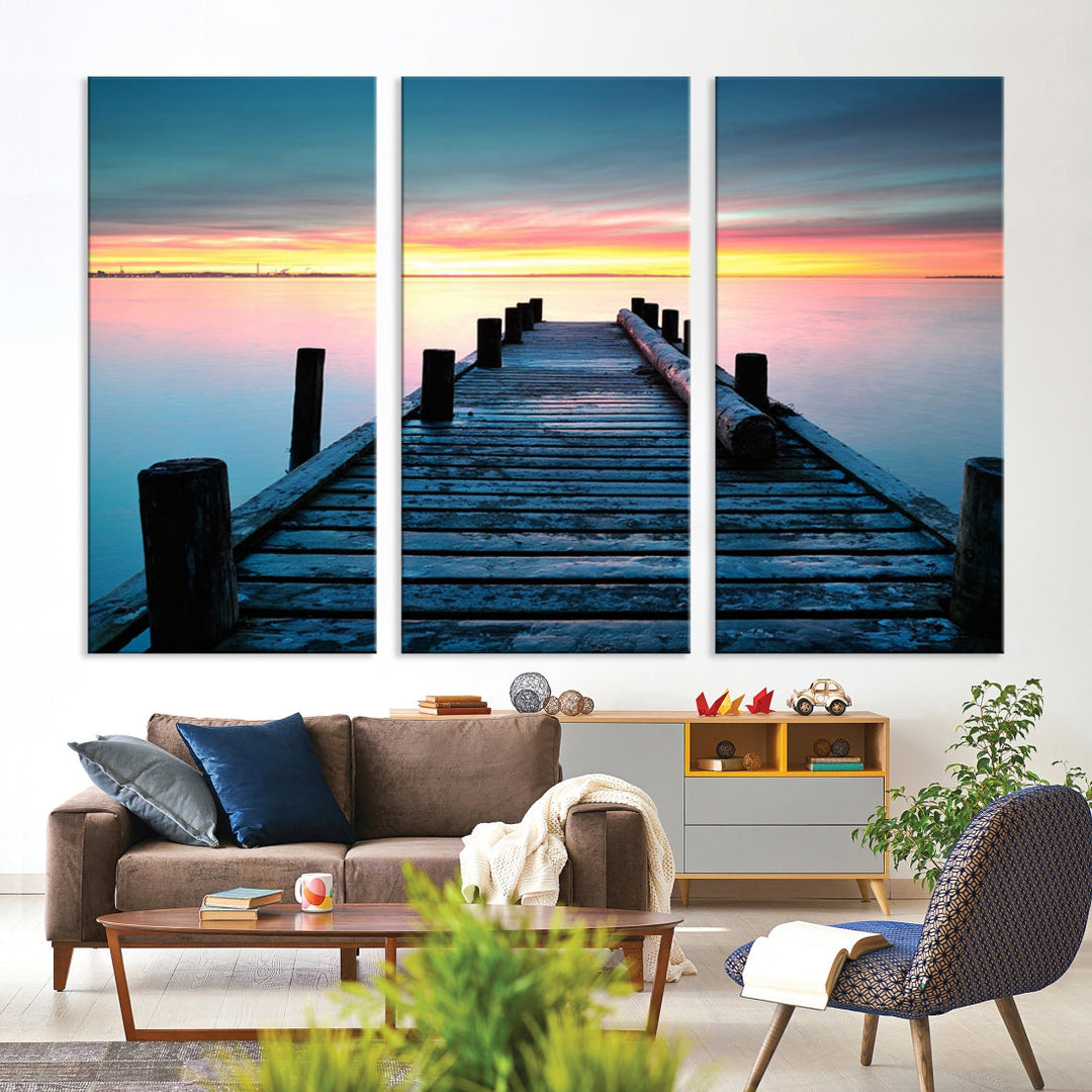 Fantastic Sunset over the Horizon Old Pier Seascape Ocean Wall Art Canvas Print