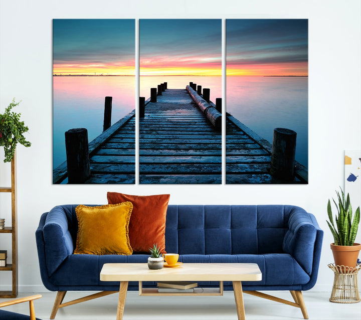 Fantastic Sunset over the Horizon Old Pier Seascape Ocean Wall Art Canvas Print