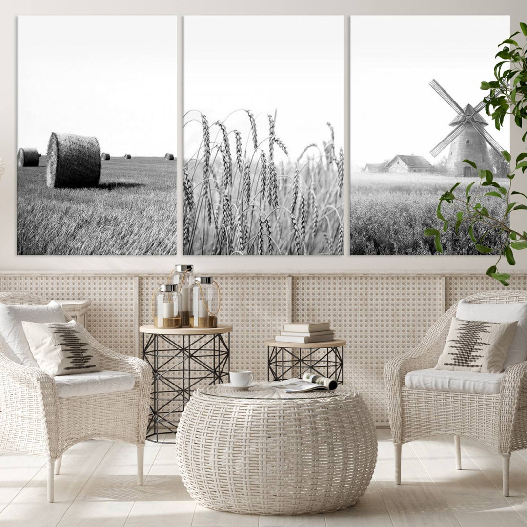 Farmhouse Canvas Wall Art Print - Black and White Rustic Windmill and Wheat Field, Farm Decor Canvas Print for Kitchen or Living Room