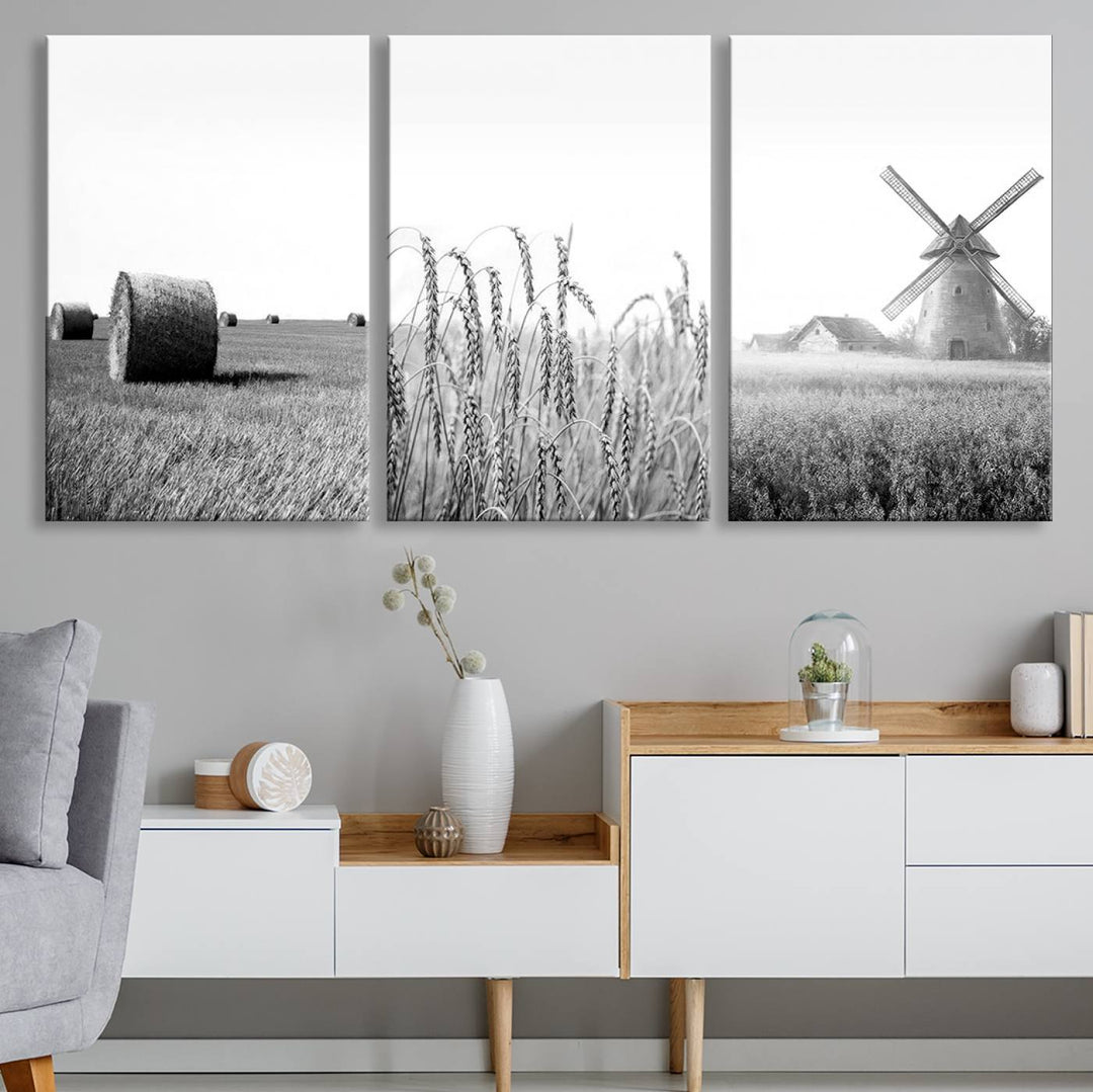 Farmhouse Canvas Wall Art Print - Black and White Rustic Windmill and Wheat Field, Farm Decor Canvas Print for Kitchen or Living Room