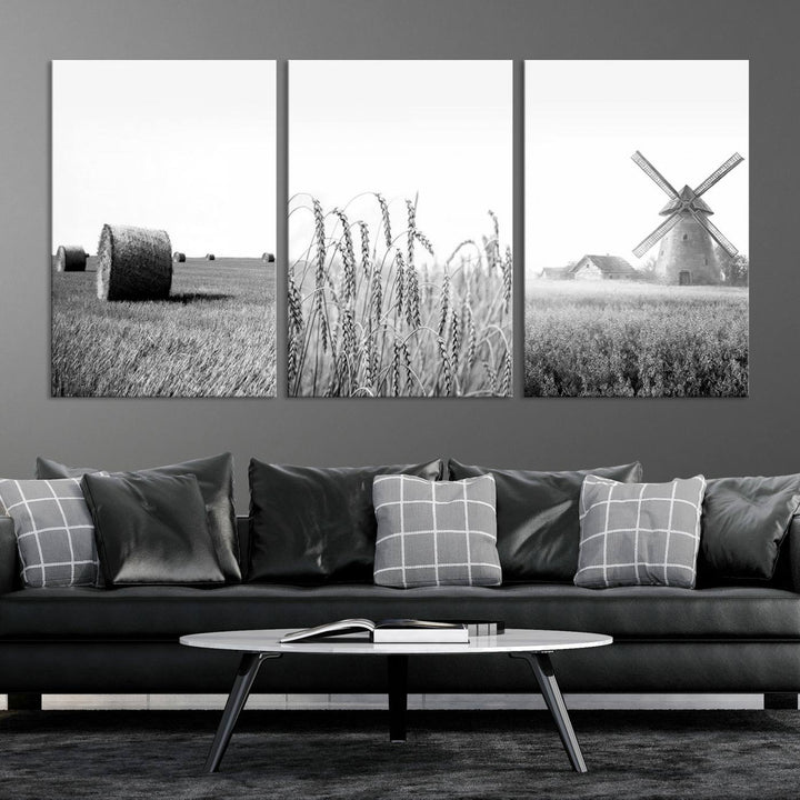 Farmhouse Canvas Wall Art Print - Black and White Rustic Windmill and Wheat Field, Farm Decor Canvas Print for Kitchen or Living Room